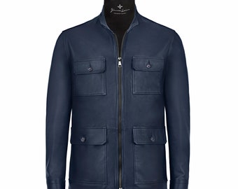 Blue Lambskin Jacket | Handmade Racing Jacket | Luxury Leather Coat | Italian Tailored Jacket | Vintage Style Outerwear