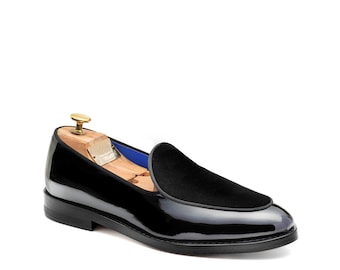 Patent Velvet Moccasins | Luxury Wedding Loafers | Handmade Italian Shoes | Black Formal Moccasin | Elegant Ceremony Shoes