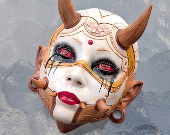 Hannya Mask Magnet: Japanese Oni Girl, Cyberpunk Tattoo Art