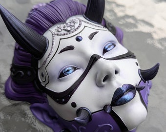 Hand-Painted Hannya Mask: Violet Oni Wall Decor, Cyberpunk Gift