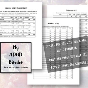 May include: A printable set of pages for tracking dopamine hits. The pages are designed for use with black and white printers and have lots of space for stickers. The text on the page reads "Dopamine Hits!" and "Simple for use with black and white printers. Only buy pages you will use. Lots of space for stickers!"