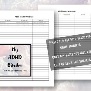 May include: A printable worksheet for ADHD hold ups. The worksheet has two columns labeled "The hold up was" and "The fix is". The worksheet is designed for use with black and white printers. The text "My ADHD Binder" is printed on the worksheet. The text "From my ADHD brain to yours" is printed on the worksheet. The text "Simple for use with black and white printers." is printed on the worksheet. The text "Only buy pages you will use." is printed on the worksheet. The text "Lots of space for stickers!" is printed on the worksheet.