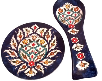 Italian Ceramic Spoon Rest Holder Decorated Camomile Pottery Art Hand Painted Made in TURKIYE iznik