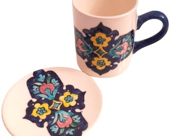 Hand painted Colorful Ceramic Coffee Mug, 11oz Handmade Coffee Cup, Flower Design Big Mug, Turkish Traditional Coffee Mug, Handmade Gift