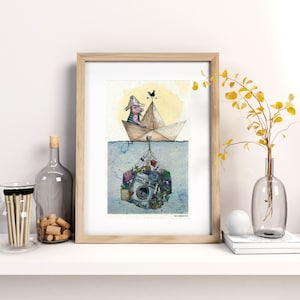 Flotsam and Jetsam Art Print: Pig in Paper Boat Ink Drawing (Digital Download)