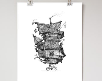 Art print of  fantasy house, handmade gift,  A4 art print, sketch, drawing, illustration, limited edition, ink sketch, home decor, wall art