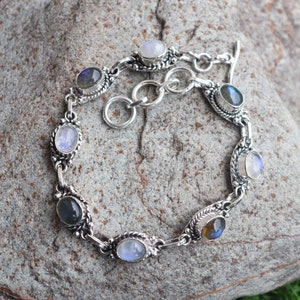 Rainbow Moonstone & Labradorite Bracelet, Gemstone Bracelet, Sterling Silver Bracelet, Designer Bracelet, Natural Stone, Charm Bracelet***