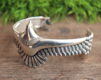 Bracelet jonc en argent sterling 925 massif, jonc aigle, jonc plumes d'oiseaux, bijoux uniques, jonc tendance, jonc jonc, cadeau d'anniversaire