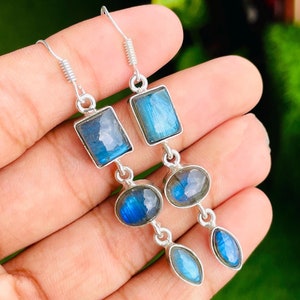 Beautiful Gemstone Cabochon Stone Earring, Labradorite Earrings, Three Stone Earrings, Dangle Earrings, 925 Silver Earrings, Boho Earrings**
