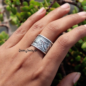 925 Sterling Silver, Thumb Ring, Wide Ring, Band Silver, Floral Ring, Silver Band Ring, Stacking Ring, Thick Ring Band, Flower Pattern Ring.