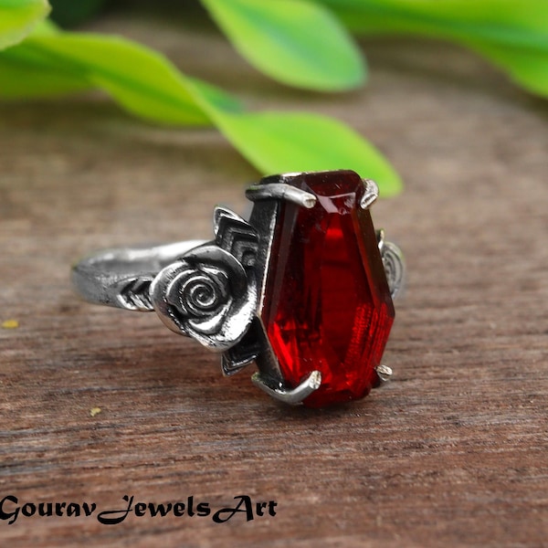 Red Garnet Ring, Rose Design Ring, Prong Setting Ring, Statement Ring, Beautiful Ring, 925 Sterling Silver Ring, Gemstone Ring, Coffin Ring*