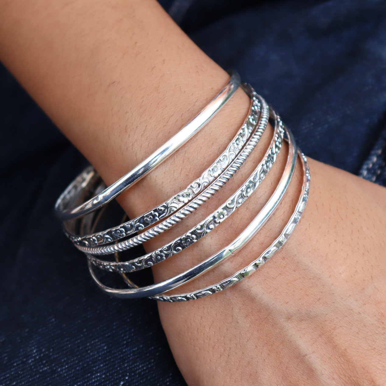 【Genri Lux 925SILVER HAND MADE BANGLE】 925 Sterling Silver, Handmade Design, 6 Set Bangles, Gift for