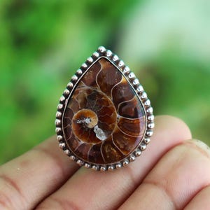Ammonite Fossil Ring, 925 Silver Ring, Handmade Jewelry, Natural Ammonite, Pear Shape Designer Ring, Unique Ring, Pretty Ring, Gift For Her.
