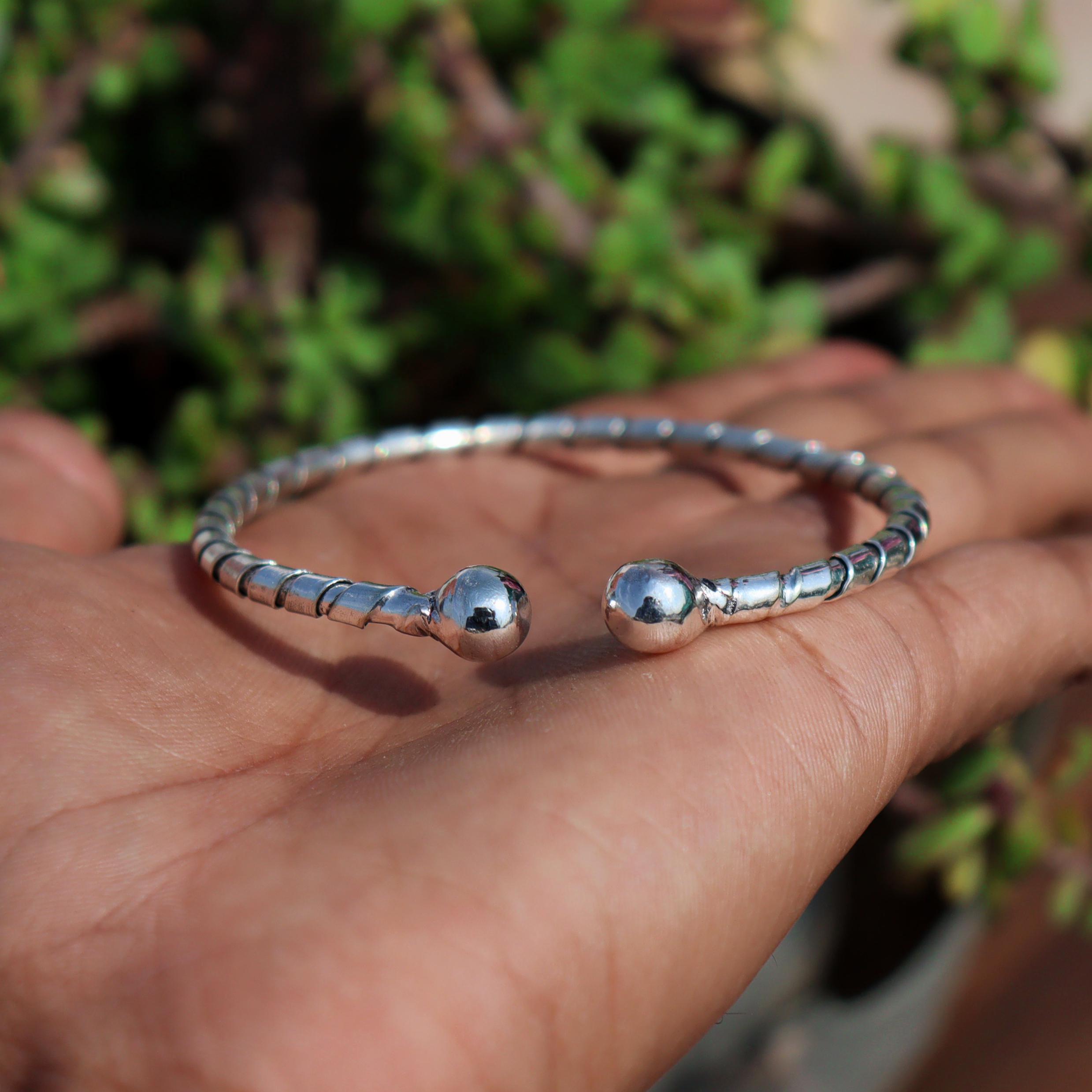 Open Ball Bangle, Twisted Silver Bangle, Solid 925 Silver