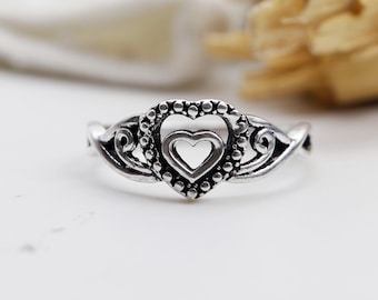 Sterling Silver Filigree Heart Ring, Antique-Chic Band, Romantic Promise Jewelry