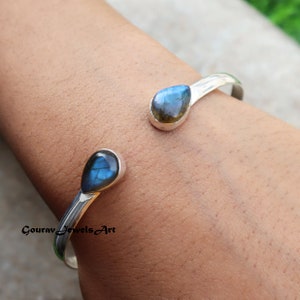 Natural Labradorite Bangle, Two Stone Bangle Open Cuff Bangle, 925 Sterling Silver Pear Shape Stone Bangle, Labradorite Jewelry, Boho Bangle