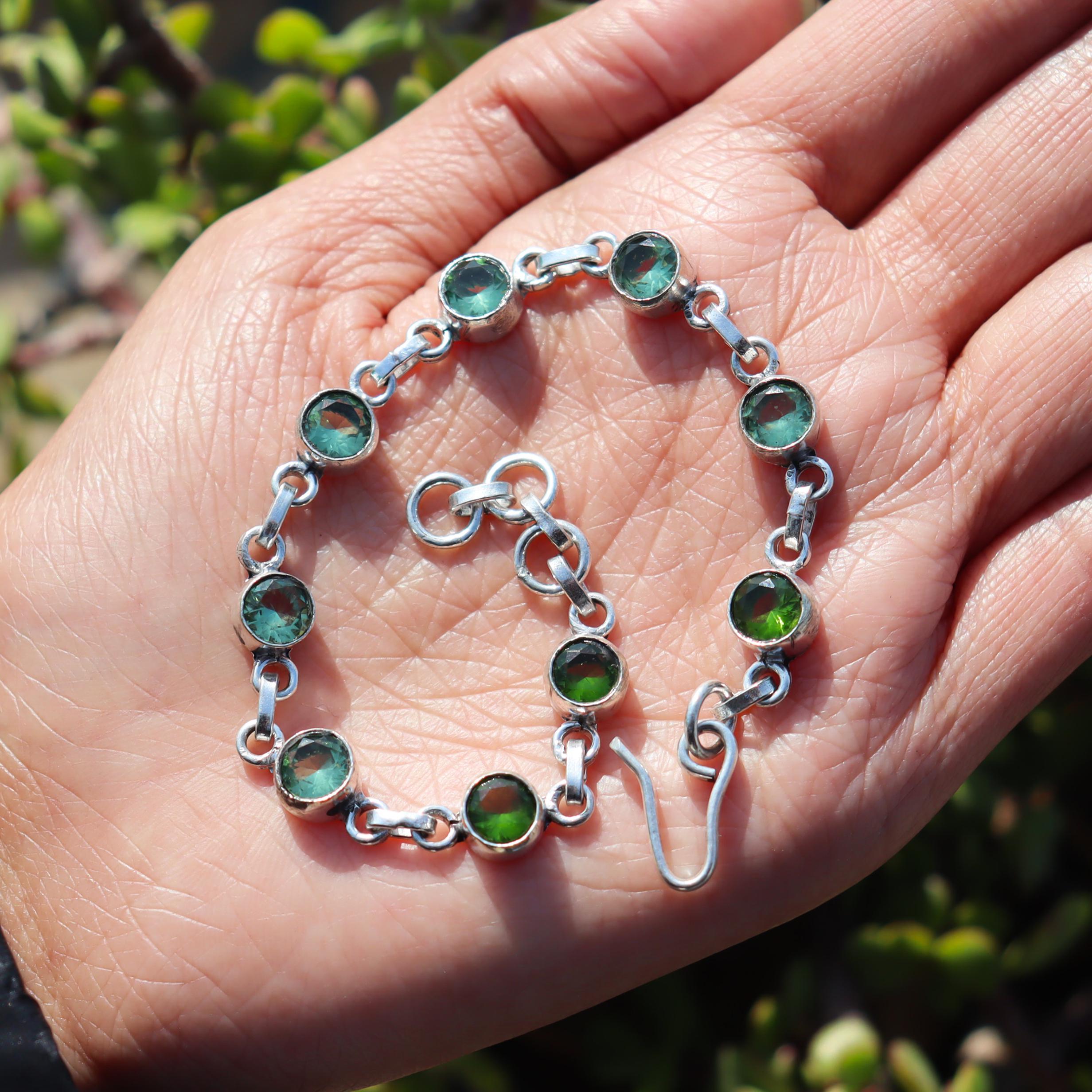 Bracciale In Argento Sterling 925 Con Peridoto Verde | Fatto A Mano In India | Taglia Regolabile 7-8 Pollici