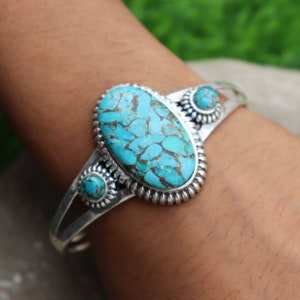 Blue Copper Turquoise Sterling Silver Bangle: Boho Open Cuff