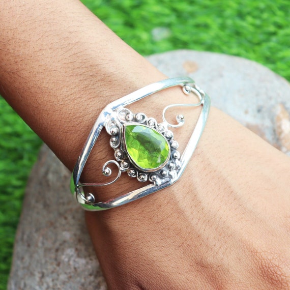 Bracelet Manchette En Argent Sterling 925 Avec Péridot – Pierre Naturelle Verte, Réglable, Fait Main, Neuf Avec étiquettes