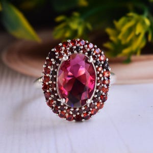 Oval Cut Red Ruby Three Stone Sterling Silver Ring