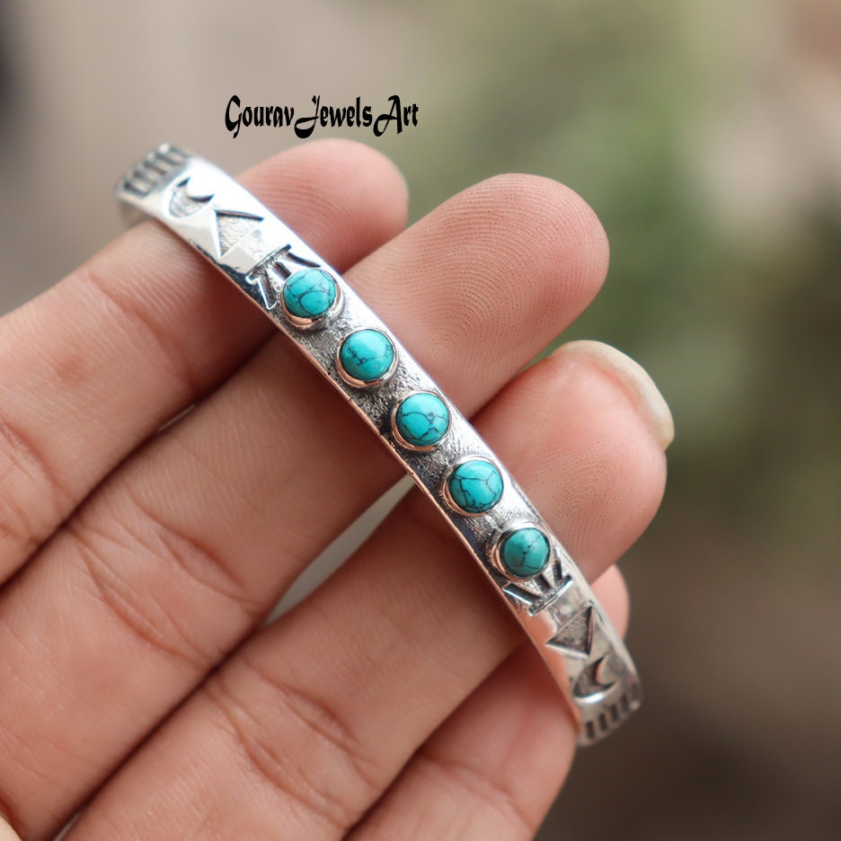 Natural Turquoise Bangle, Mini Round Shape Gemstone Bracelet