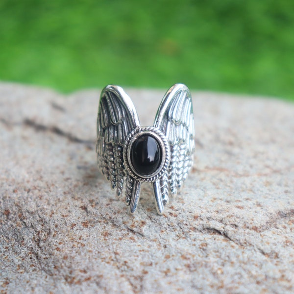 Black Onyx Ring, Designer Ring, Sterling Silver Ring, Handmade Ring, Gemstone Ring, Beautiful Ring, Eagle Wing Ring, Unique Ring, Boho Ring*