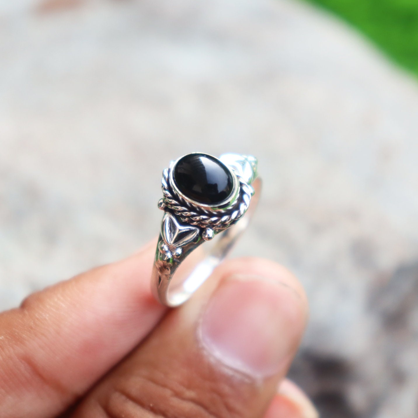 NOVICA Handmade Onyx Cocktail Ring – .925 Sterling Silver 'Black Jasmine' Statement Ring From India