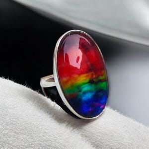 Handmade Ammolite Statement Ring: 925 Sterling Silver, Multi Color Gemstone