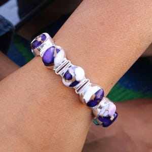 Purple Dahlia Turquoise Charm Bracelet, 925 Sterling Silver, Adjustable Chain