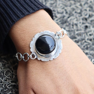 Flower Design Bracelet, Black Onyx Bracelet, Big Round Stone Bracelet, Charm Bracelet, 925 Silver Bracelet, Natural Black Onyx, Women Gift**