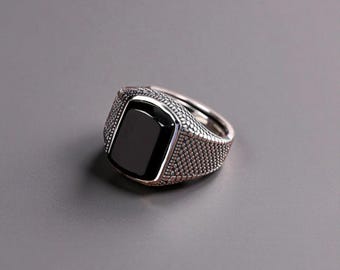 Dark Black Onyx Sterling Silver Signet Ring, Textured Geometric Band