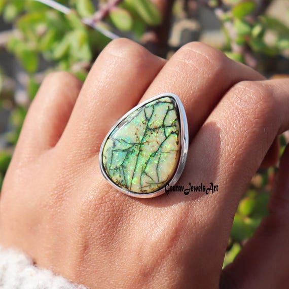 Monarch Opal Ring: Pear Gemstone, 925 Sterling Silver Band