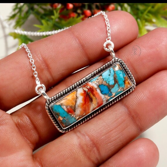 Oyster Copper Turquoise Pendant: 925 Sterling Silver Baguette Stone