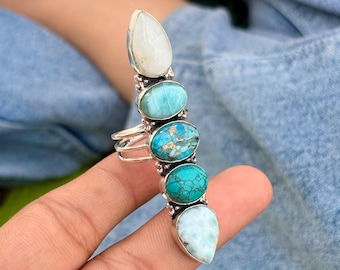 Sterling Silver Five Stone Ring, Natural Larimar, Moonstone, Turquoise