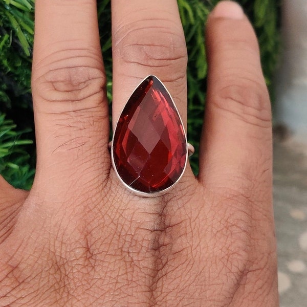 Cut Red Garnet Ring, Thin Band Ring, Handmade Ring, Women Ring, 925 Silver Ring, January Birthstone, Natural Garnet, Statement Ring For Gift