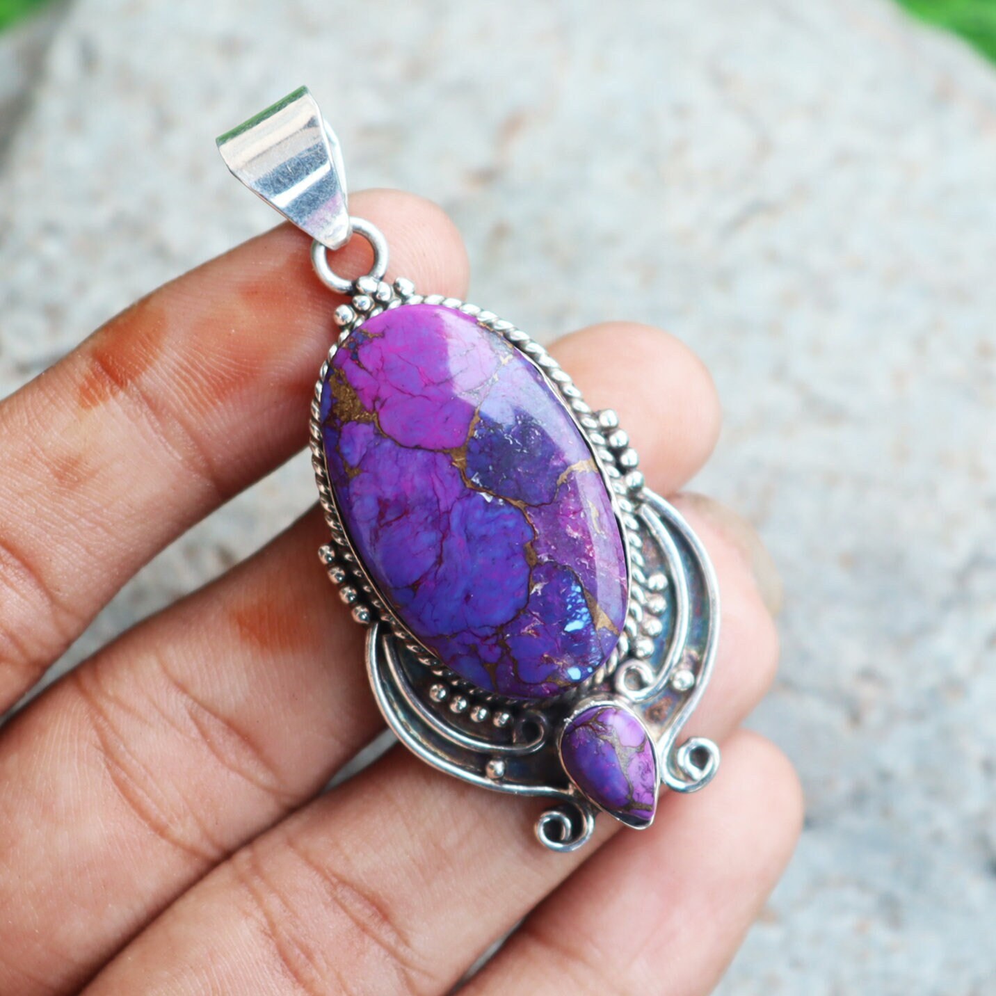 Two Gemstone Pendant, Purple Copper Turquoise Pendant, 925 Silver