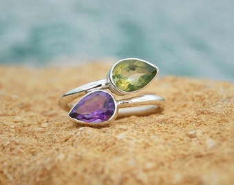 Natural Amethyst and Citrine Ring, 925 Solid Sterling Silver Ring, Rings for Women, Handmade Silver Ring, Two Stone Ring, Birthstone Ring