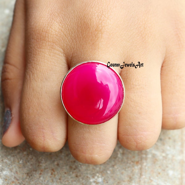 Hot Pink Chalcedony Ring, Dainty Ring, Round Stone Ring, Pink Stone Ring, Handmade Ring, Natural Pink Chalcedony, 925 Silver Ring, Gift Love