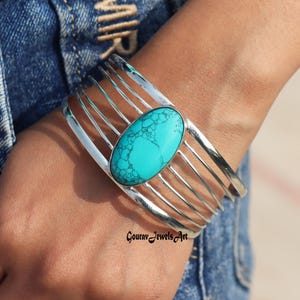 Blue Copper Turquoise Bangle: 925 Sterling Silver Adjustable Cuff