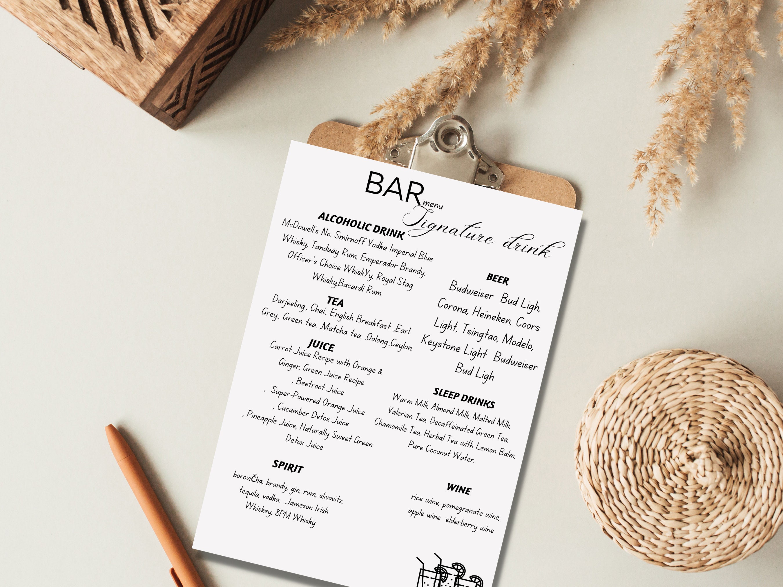 Editable Bar Menu, Bar Modern Sign, Signature Drinks Bar Menu Template ...