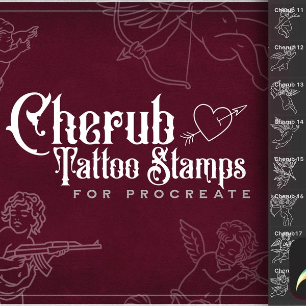 Cherub Tattoo Stamps / Procreate Brush Set / Cupid Line Art Drawings / Valentine’s Tattoo Brushes / Tattoo Stencils & Flash