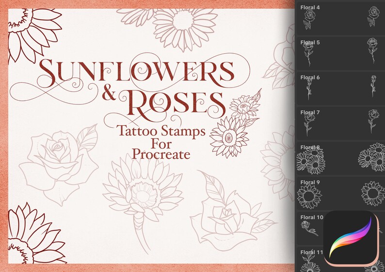 Sunflowers and Roses Tattoo Stamps / Procreate Brush Set / Tattoo ...