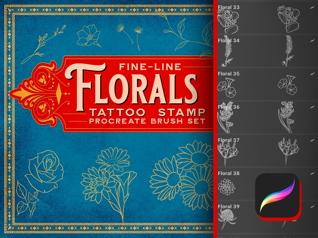 Fine-line Floral Tattoo Stamps / Procreate Brush Set / Tattoo Stencils ...