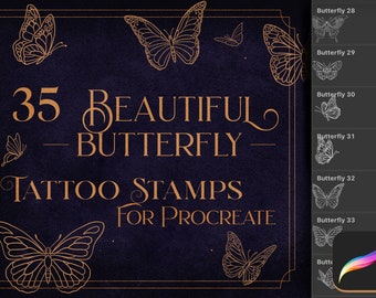 Op de afbeelding: Een digitale illustratie van 35 prachtige vlinder-tattoo-stempels voor Procreate. De afbeelding toont een goudkleurig ontwerp op een donkerblauwe achtergrond. De tekst "35 BEAUTIFUL - BUTTERFLY - TATTOO STAMPS FOR PROCREATE" wordt weergegeven in een gouden lettertype.