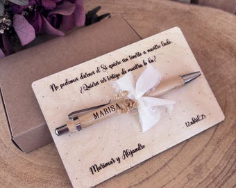 Cajita regalo para testigo de boda con bolígrafo personalizado