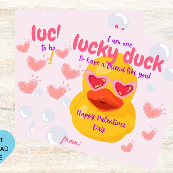 Kids Valentines Card - Toddler Valentine Card - Duck Valentine  - Rubber Duck Valentine Card - Classroom Valentine - INSTANT DOWNLOAD