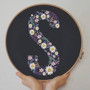 S Monogram Initial Embroidery, Uppercase Font Embroidery Designs, Letter S Botanical Embroidery Design, Letter S Embroidery Pattern