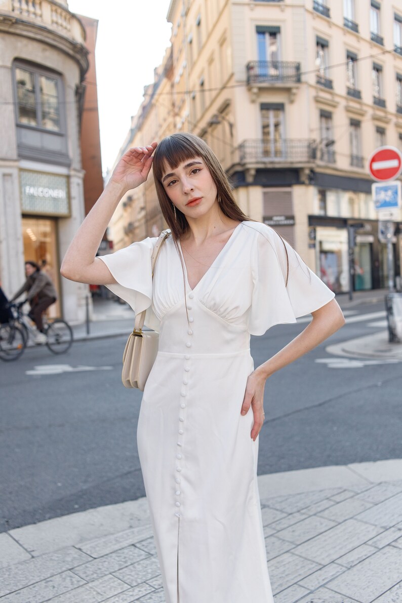 Elegant White Silk Dress Cape Sleeve Vintage Dress Summer Etsy