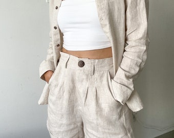 Natural Linen Set with Coconut Buttons Long sleeve Linen Top and Short for Women Linen top with long sleeve