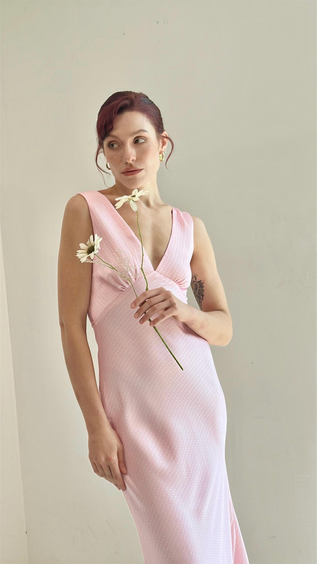 pink satin polka dot dress PrettyLittleThing Women's Polka Dot Satin Plunge Extreme Frill Hem Maxi Dress in Pink